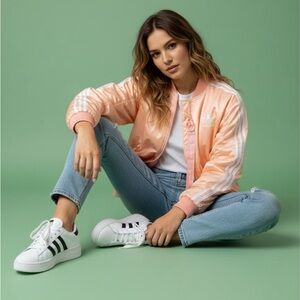 NWT Adidas Bomber Jacket S Women's Salmon Pink Satin Long Oversized Streewear
